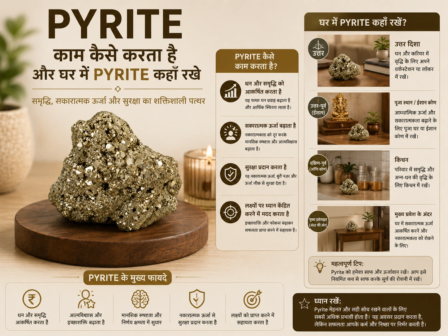 Pyrite stone ghar mein kahan rakhe — Vastu direction guide wealth prosperity placement India | Suyagya